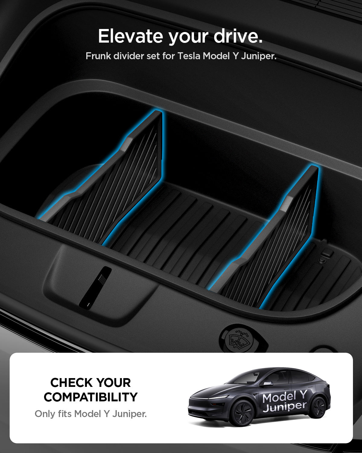 ACP10799 - Tesla Series Model Y Juniper (2025+) Frunk Divider | TO229J in Black showing elevate your drive.