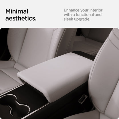 ACP12200 - Tesla Model Armrest Cover TO240H in Zen Gray showing the armrest cover installed on the center console for a minimal interior appearance.