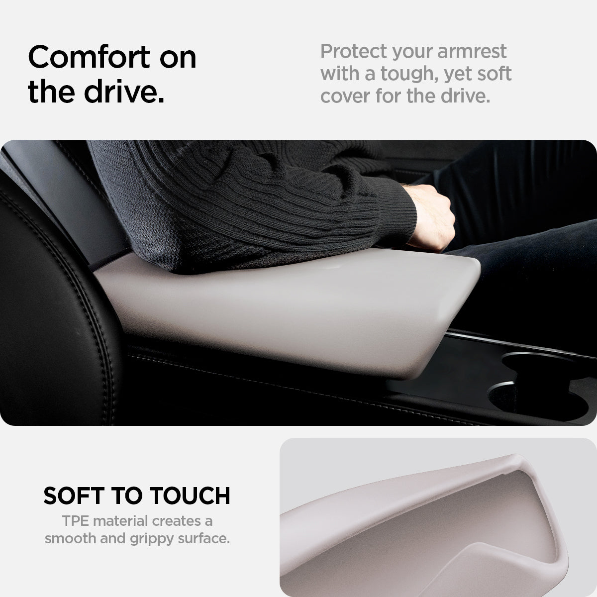 ACP12200 - Tesla Model Armrest Cover TO240H in Zen Gray showing an arm resting on the installed cover and a close-up of its smooth inner surface.
