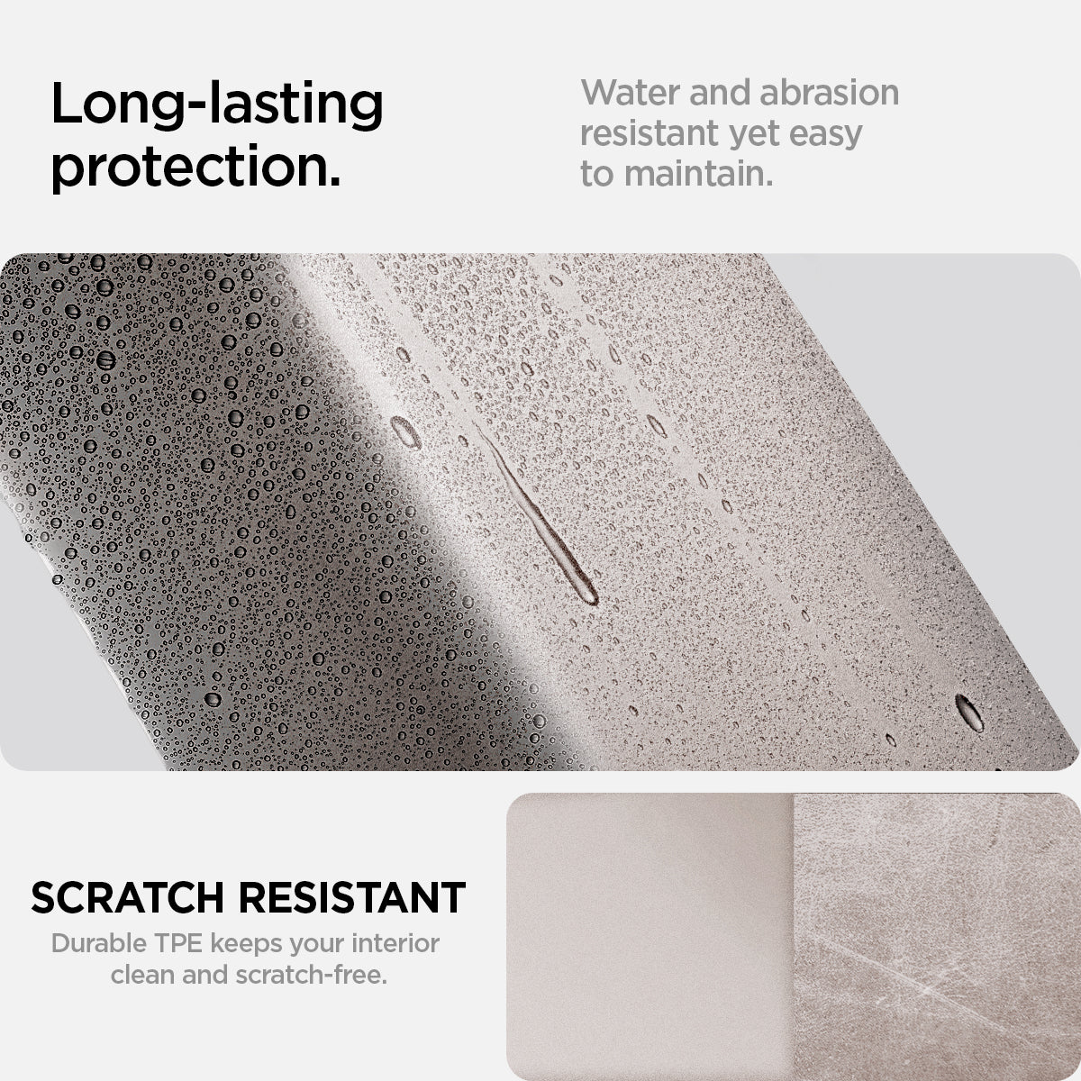 ACP12200 - Tesla Model Armrest Cover TO240H in Zen Gray showing water droplets and surface marks to demonstrate water and abrasion resistance.