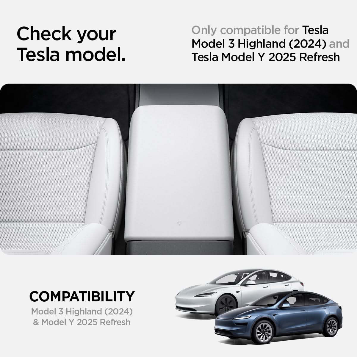 ACP07646 - Tesla Model 3 Highland Armrest Cover TO240H in White showing the compatibility of an armrest in between the two car front seats
