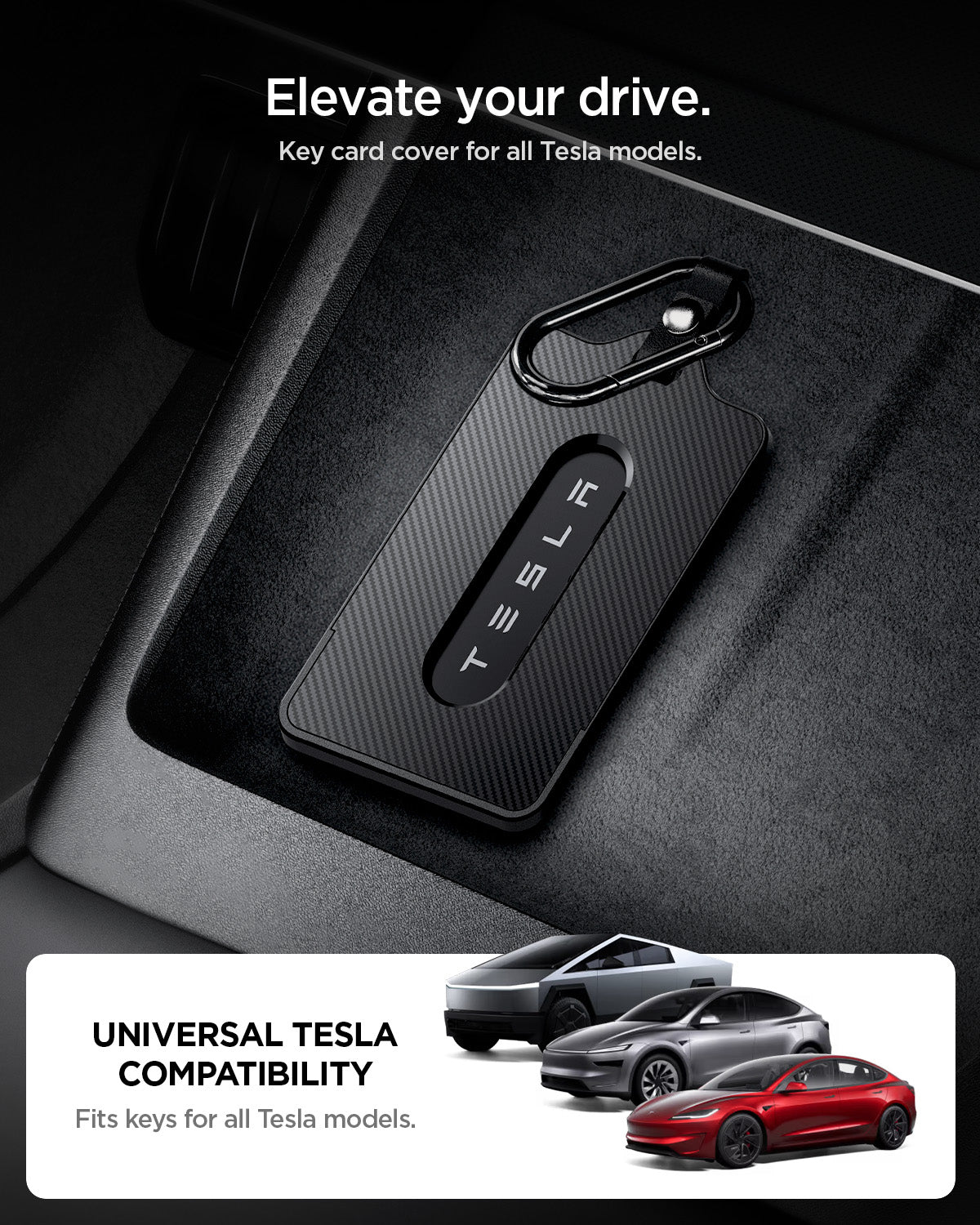 ACP11310 - Tesla Key Card Holder | TO243 in 1 Pack with carbon fiber style finish and carabiner clip shown inside vehicle interior highlighting universal compatibility for all Tesla models