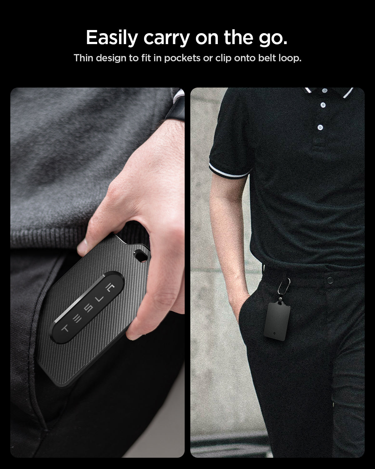 ACP11310 - Tesla Key Card Holder | TO243 in 1 Pack carried in a pocket and clipped to a belt loop showing slim carbon fiber style design for easy everyday portability