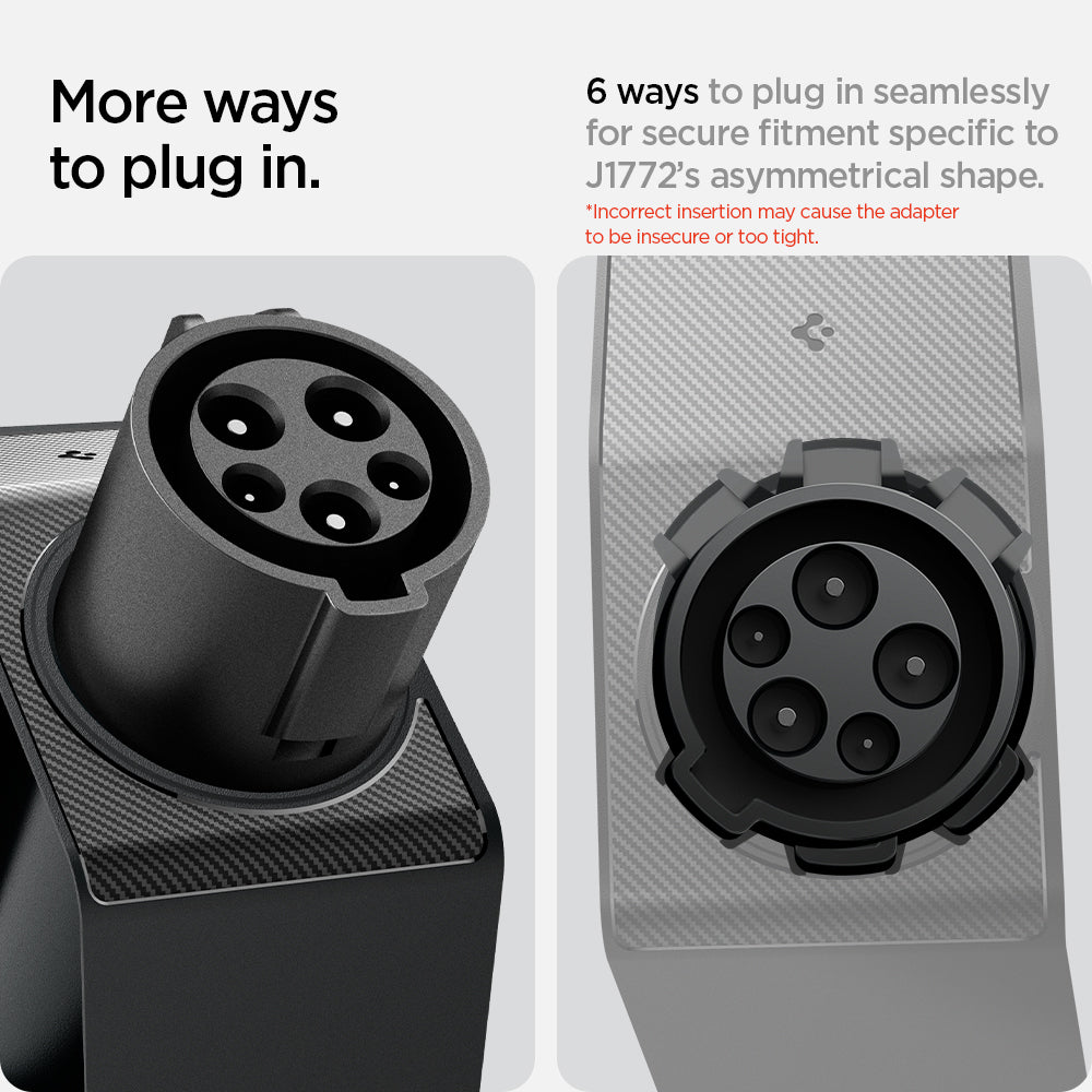 ACP08342 - Tesla Charging Adapter Door Dock TO252 in Black showing the more ways to plug in, 6 ways to plug in seamlessly for secure fitment specific to J1772's asymmetrical shape