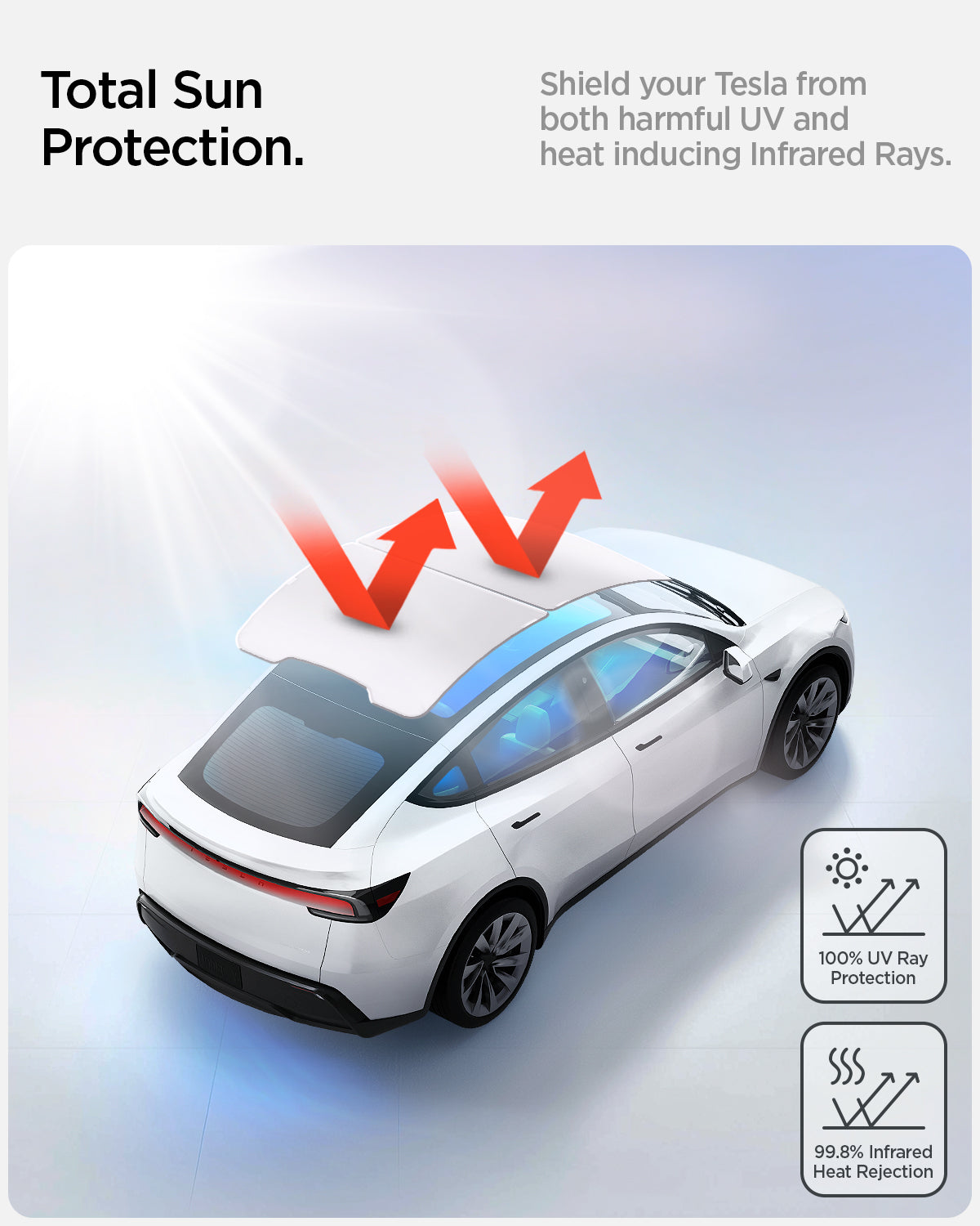 ACP09568 - Model Y (2025) CryoShade Sunroof in Gray showing the total Sun Protection. Shield your Tesla from both harmful UV and heat inducing infrared Rays. 100% UV Ray Protection and 99.8% infrared Heat Rejection