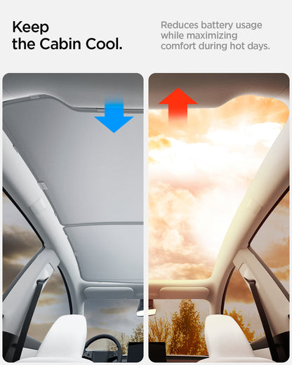 ACP09568 - Model Y (2025) CryoShade Sunroof in Gray showing the reduction of battery usage while maximizing comfort during hot days. Keeping the Cabin Cool