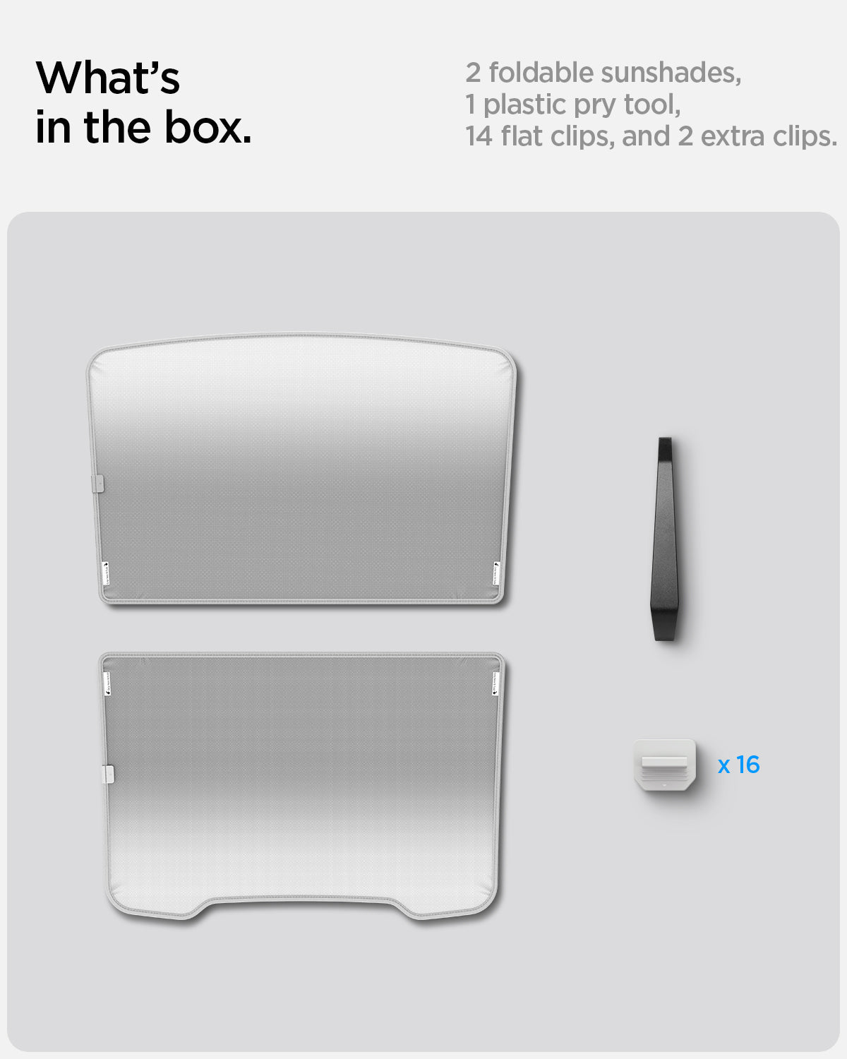 ACP09568 - Model Y (2025) CryoShade Sunroof in Gray showing what's in the box. 2 foldable sunshades, 1 plastic pry tool, 14 flat clips, and 2 extra clips