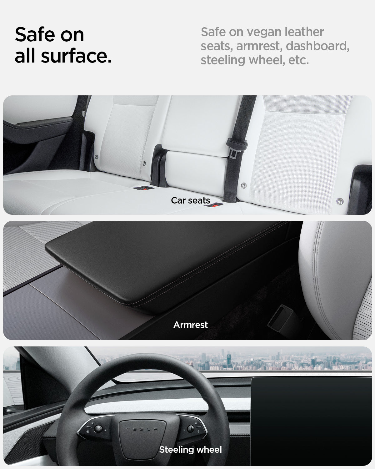 ACP08850 - Car Cleaning Kit | TO280 showing the safe on all surface. Safe on vegan leather seats, armrest, dashboard, steeling wheel, etc