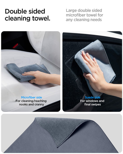 ACP08850 - Car Cleaning Kit | TO280 showing the double sided cleaning towel. Large double sided microfiber towel for any cleaning needs. Microfiber side | Suede side