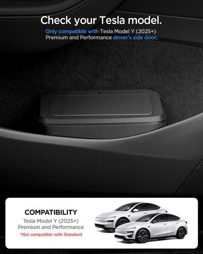 ACP11106 - Tesla Series - Car Trash Can | TO281J showing check your Tesla model. Only compatible with Tesla Model Y (2025+) Premium and Performance driver's side door.