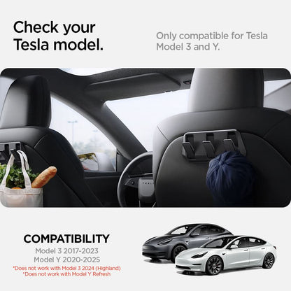 ACP09201 - Tesla Model 3 (2017-2023) Car Seat Hook TO283 in Black showing the compatibility. Only compatible for Tesla Model 3 and Y. Compatible with Model 3 2017-2023, Model Y 2020-2025