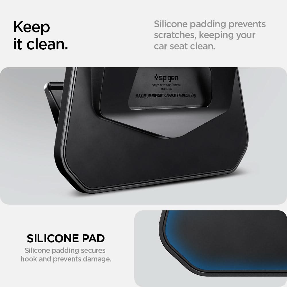 ACP09201 - Tesla Model 3 (2017-2023) Car Seat Hook TO283 in Black showing how keeping it clean. Silicone padding prevents scratches, keeping your car seat clean. Silicone padding secures hook and prevent damage