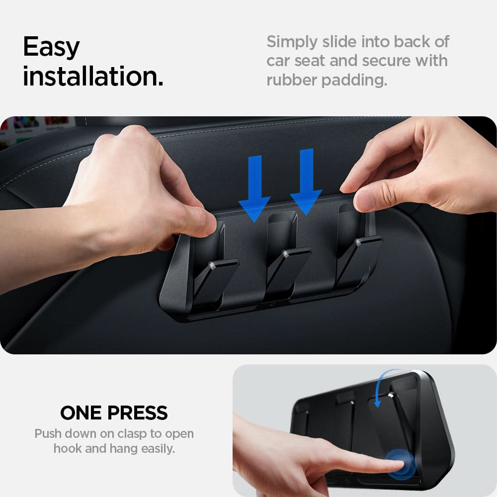 ACP09201 - Tesla Model 3 (2017-2023) Car Seat Hook TO283 in Black showing the easy installation. Simply slide into back of car seat and secure with rubber padding. One press. Push down on clasp open hook and hang easily