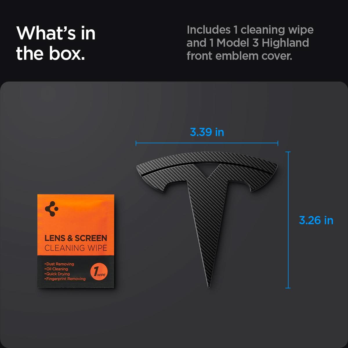 ACP08548 - Tesla Model 3 Highland Front Emblem Logo Cover TO321H in Carbon showing what's in the box, includes 1 cleaning wipe and 1 model 3 highland front emblem cover w=3.39 in x h=3.26 inn