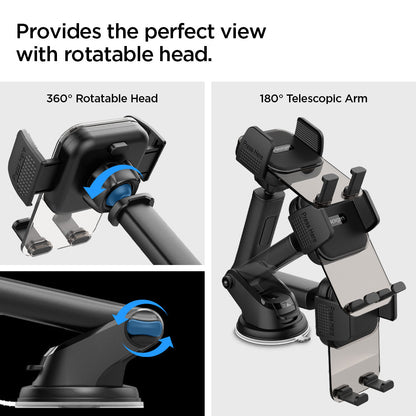 ACP08312 - Universal Dashboard Car Mount | TS35-1 showing side profile render of car mount without phone featuring fully extended telescopic arm Press Here release button and suction cup base