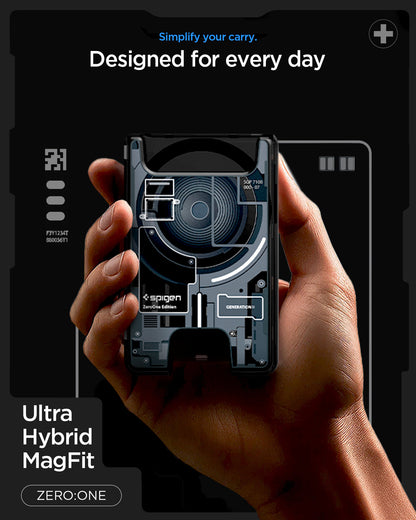 AFA11304 - Ultra Hybrid MagFit card wallet transparent black held in hand showcasing magnetic coil layout slim everyday carry design and ZERO ONE aesthetic