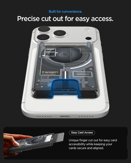 AFA11304 - Ultra Hybrid MagFit card wallet transparent black mounted on phone showing precise finger cutout design for easy card access while keeping cards secure and aligned