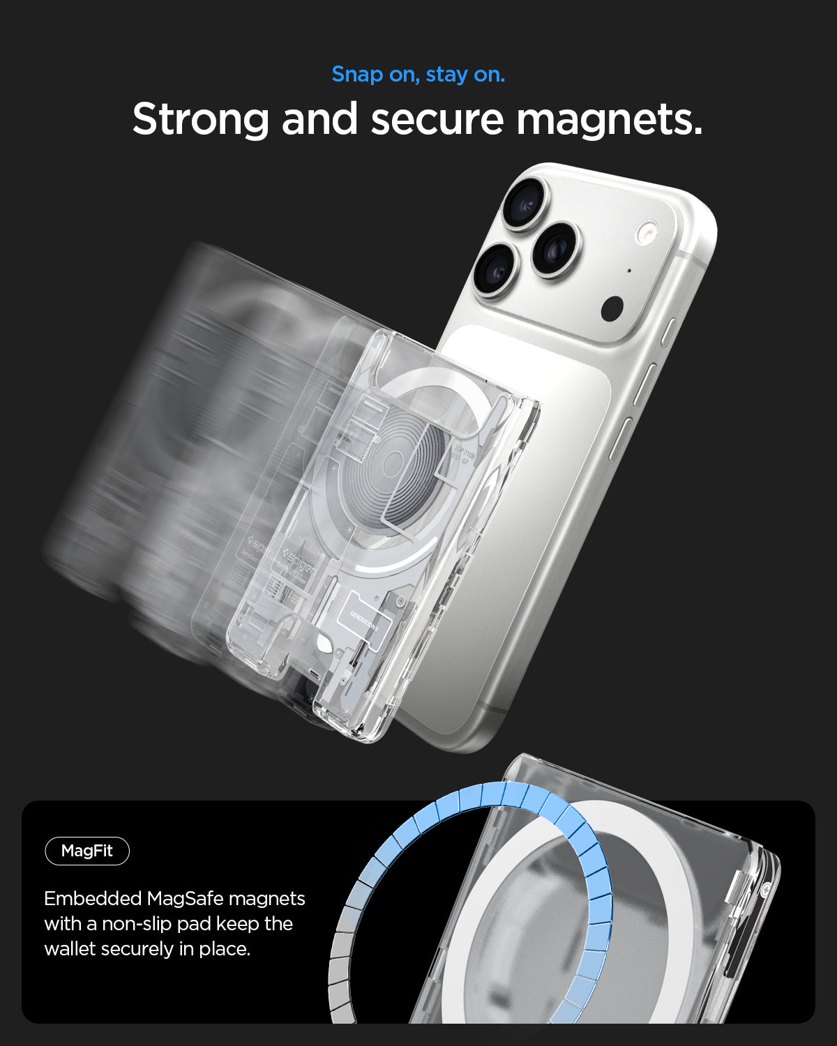 AFA11305 - Ultra Hybrid MagFit card wallet transparent white snapping onto phone with strong MagSafe magnets showing secure magnetic attachment and non slip pad keeping wallet firmly in place