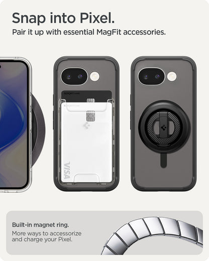 ACS11278 - Pixel 10a Ultra Hybrid Metal Ring (Mag Fit) in Frost Black showing snap into pixel. pair it up with essential magfit accessories
