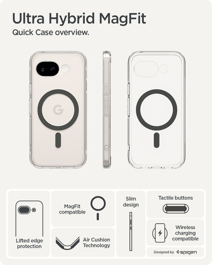 ACS11277 - Pixel 10a Ultra Hybrid Metal Ring (Mag Fit) in Clear Graphite showing ultra hybrid magfit. quick case overview