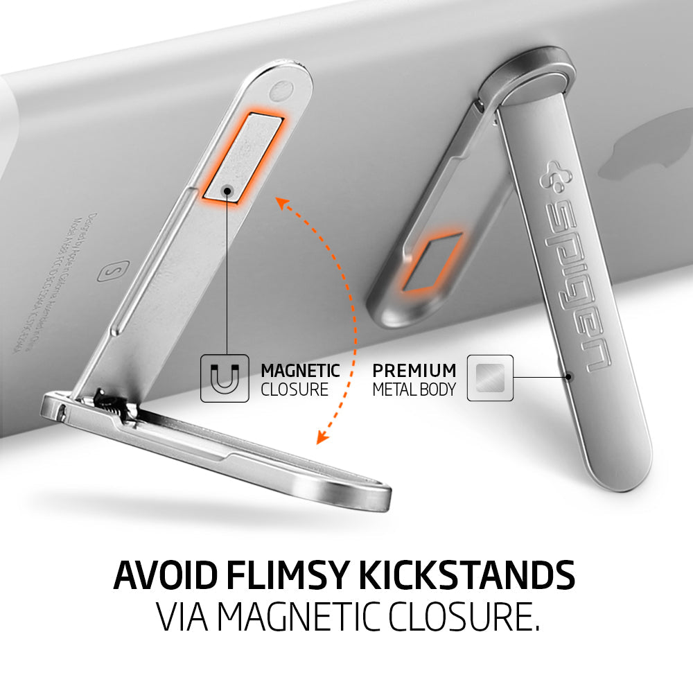 000EM20634 - U100 Universal Kickstand (Metal) in silver showing the magnetic closure and premium metal body. Avoid flimsy kickstands via magnetic closure