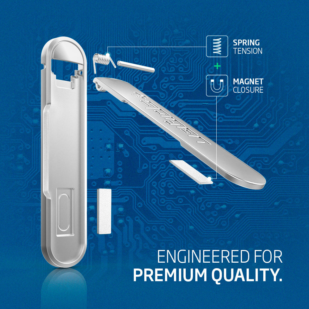 000EM20860 - U100 Universal Kickstand (Metal) in gunmetal showing the parts of the magnetic kickstand. Spring tension + magnet closure. Engineered for premium quality