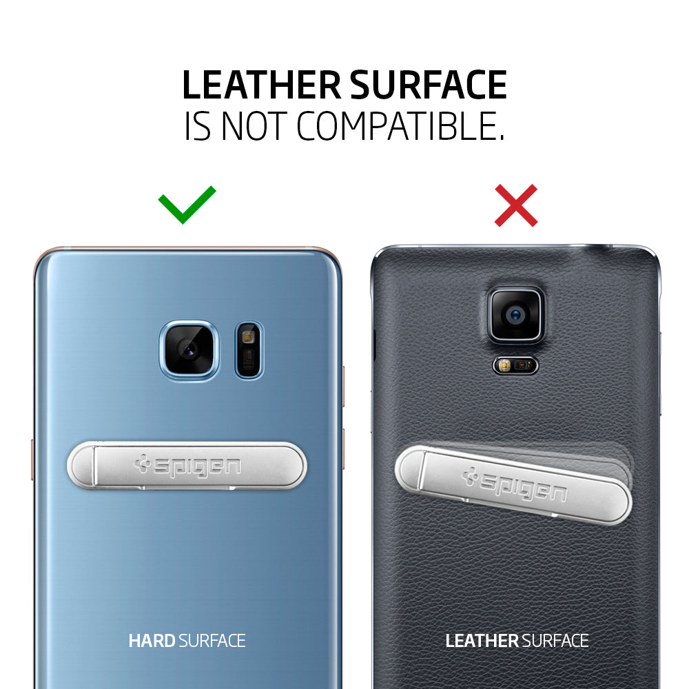 000EM20634 - U100 Universal Kickstand (Metal) in silver showing the compatibility. Leather surface is not compatible