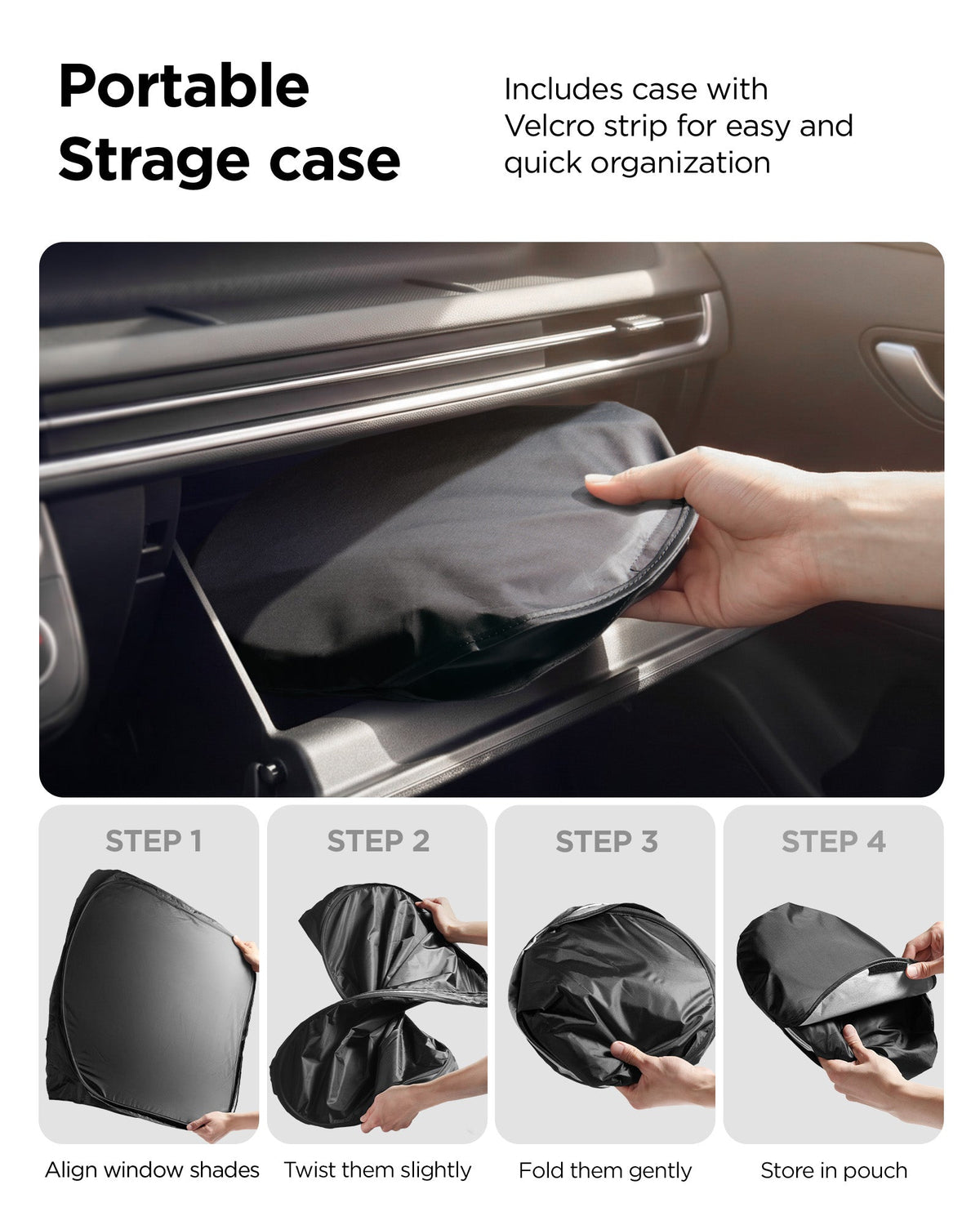 ACP11459 - Universal CryoShade UO260 S showing four-step folding and storage process with pouch being placed into car glove compartment
