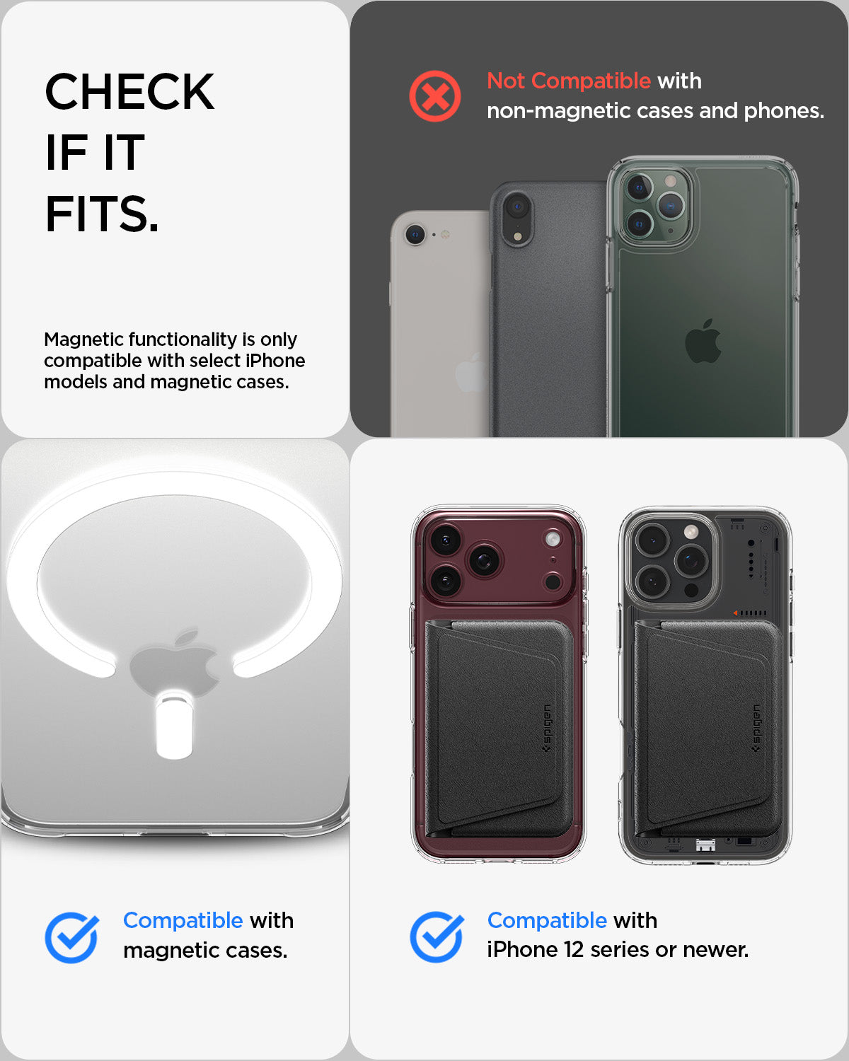 AFA11978 - MagSafe Card Holder Valentinus S-2 (Mag Fit) in Black showing magnetic compatibility with magnetic cases and select iPhone models and incompatibility with non-magnetic devices.