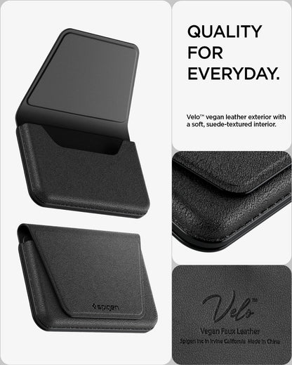 AFA11978 - MagSafe Card Holder Valentinus S-2 (Mag Fit) in Black showing the vegan leather wallet open and closed with close-up views of the exterior and interior textures.