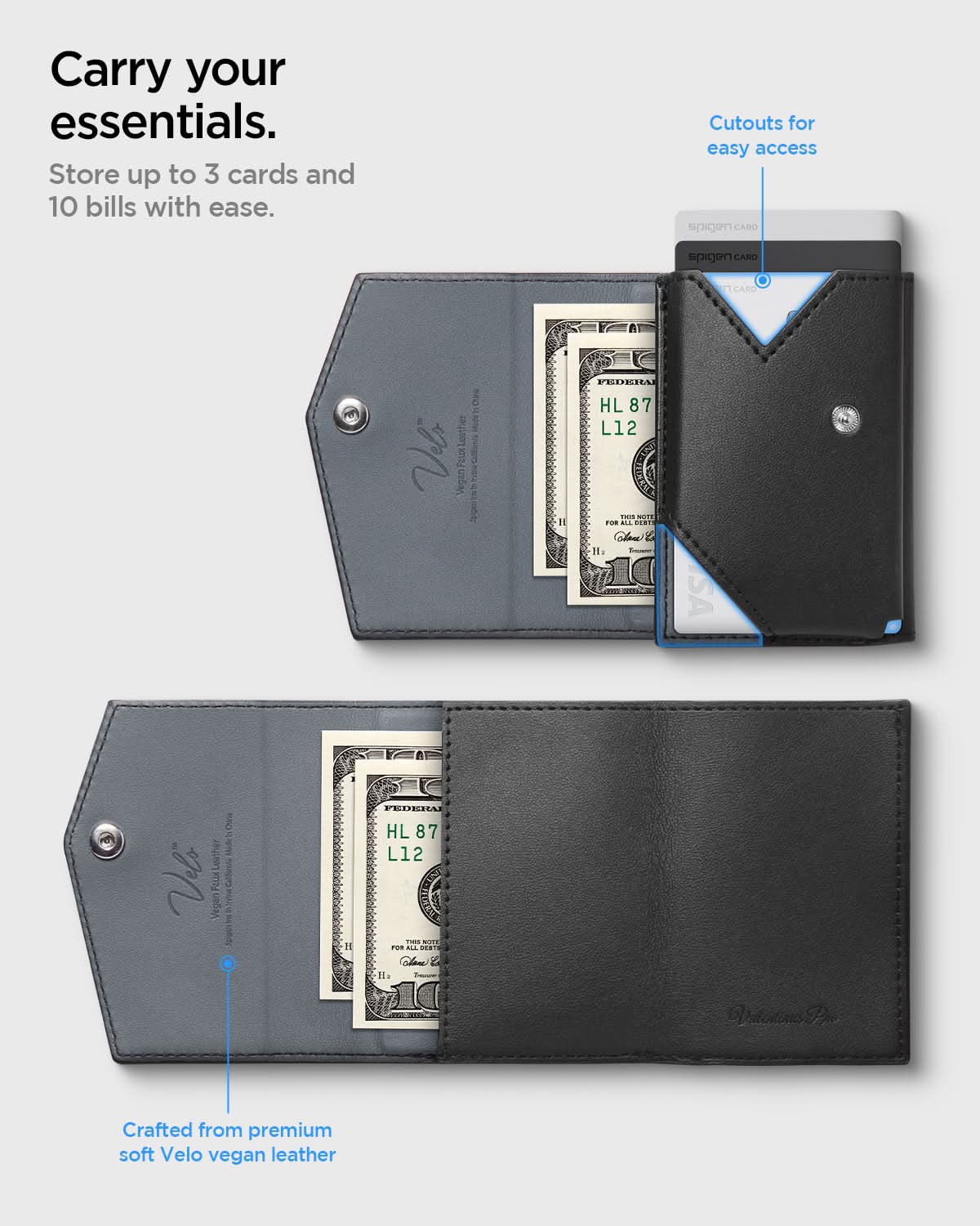 AFA09442 - MagSafe Card Holder Valentinus Pro | 3 Cards in Black showing storing up to 3 cards and 10 bills with ease. Cutouts for easy access. Crafted from premium soft Velo vegan leather