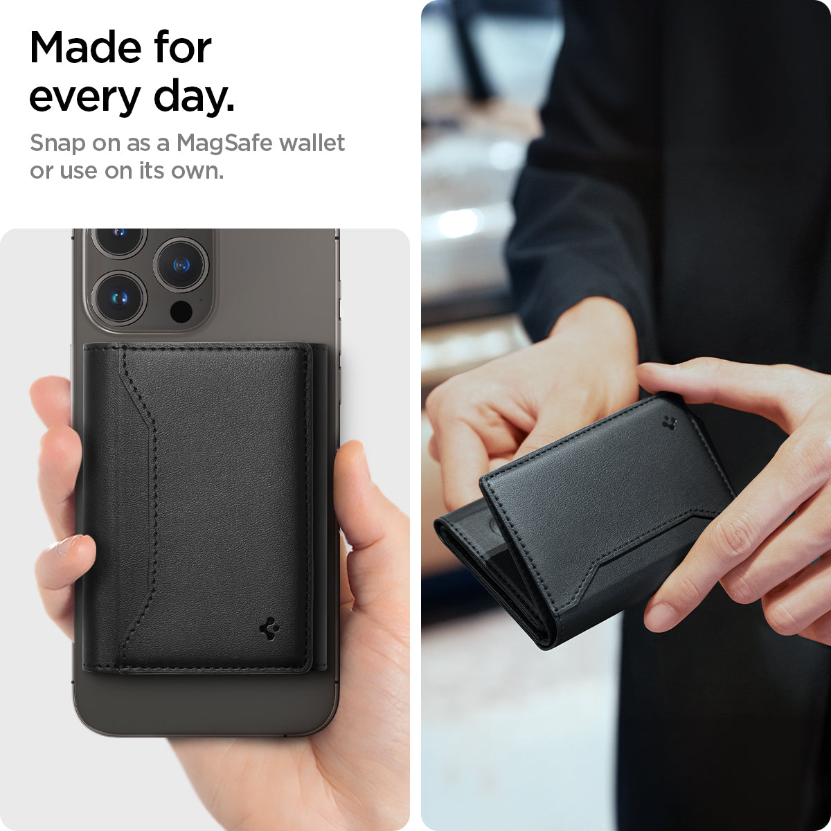 AFA09133 - MagSafe Card Holder Valentinus S (MagFit) in Black showing the how you can snap on as a MagSafe Wallet or use on its own