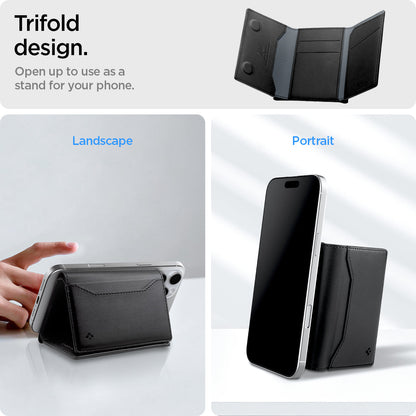 AFA09133 - MagSafe Card Holder Valentinus S (MagFit) in Black showing the trifold design. Open up to use as a stand for your phone. It could be in portrait or landscape