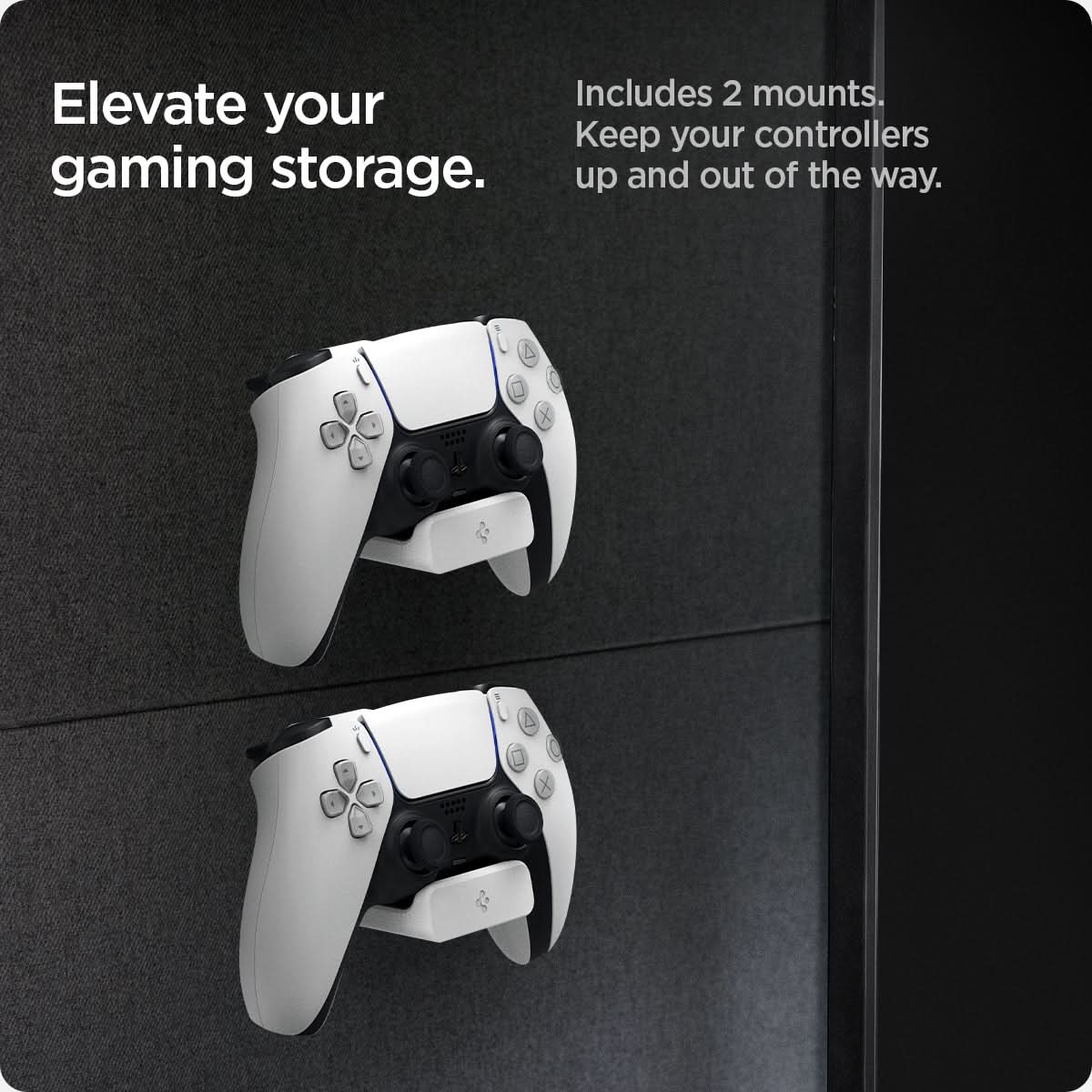 AMP06397 - PlayStation 5 Controller Mount | VG300 in White showing the elevate your gaming storage. Includes 2 mounts. Keep your controllers up and out of the way