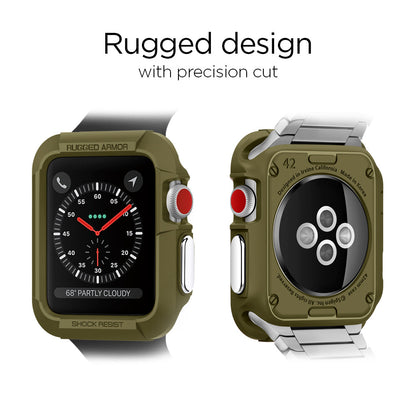 059CS26012 - Apple Watch Series (Apple Watch (42mm)) Case Rugged Armor in olive green design with precision cut. The front and back of the watch show the actual case being worn.