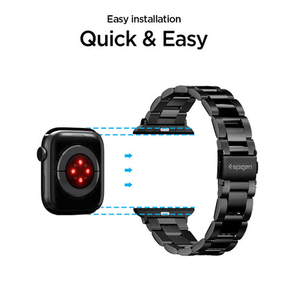 AMP04803 - Apple Watch Series 11/10 42mm, 9/8/7 41mm, SE3/SE2/SE/6/5/4 40mm, 3/2/1 38mm Modern Fit Black showing what's in the box. Removal tool. extra band, extra spring bar, extra pins, extra removal pin