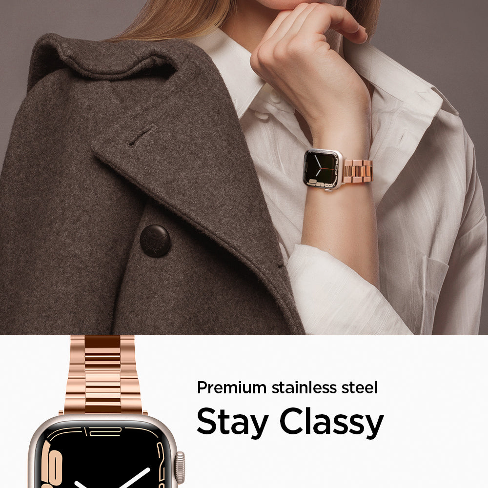 061MP25944 - Apple Watch Series 11/10 42mm, 9/8/7 41mm, SE3/SE2/SE/6/5/4 40mm, 3/2/1 38mm Modern Fit Rose Gold showing premium stainless steel. stay classy