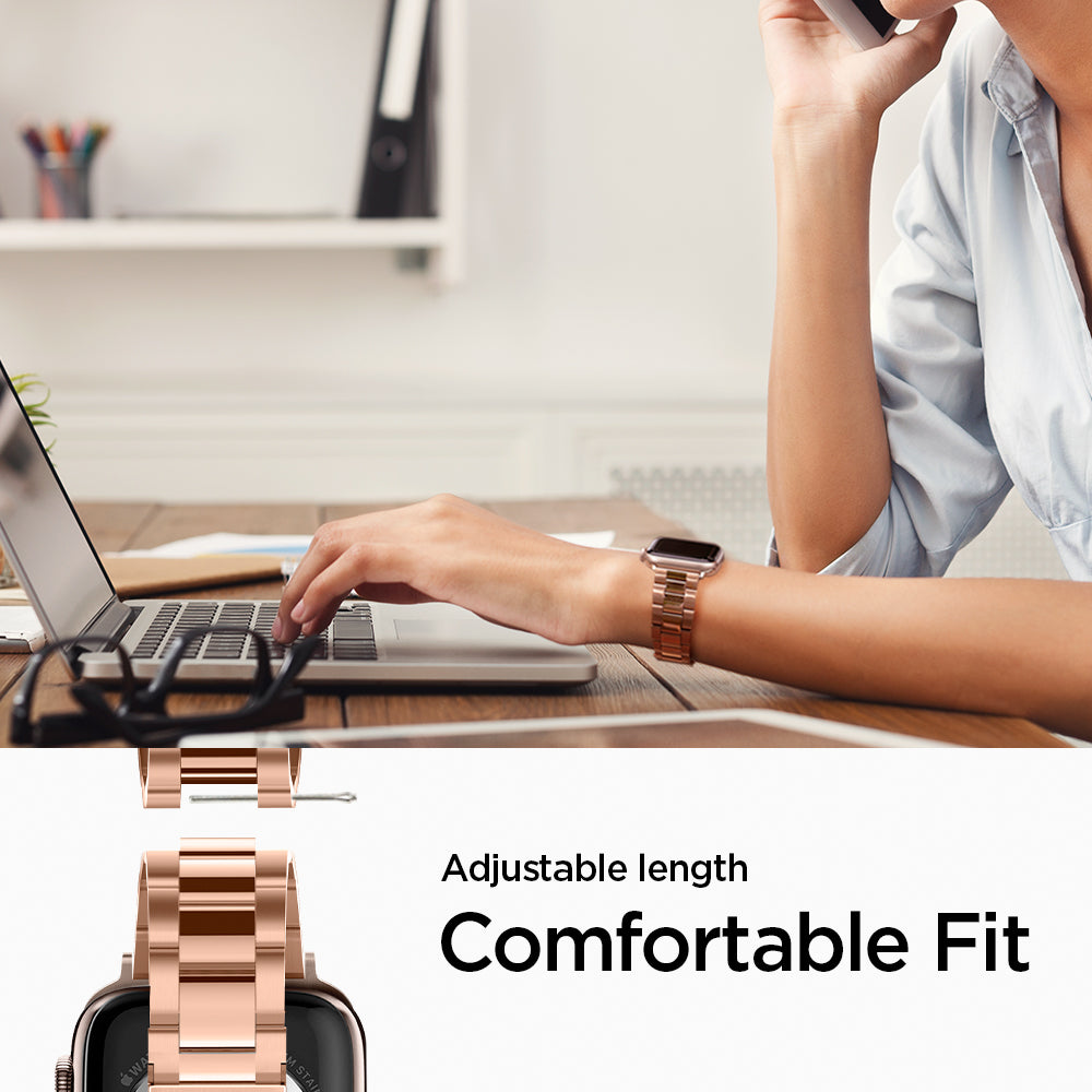 061MP25944 - Apple Watch Series 11/10 42mm, 9/8/7 41mm, SE3/SE2/SE/6/5/4 40mm, 3/2/1 38mm Modern Fit Rose Gold showing adjustable length. comfortable fit.