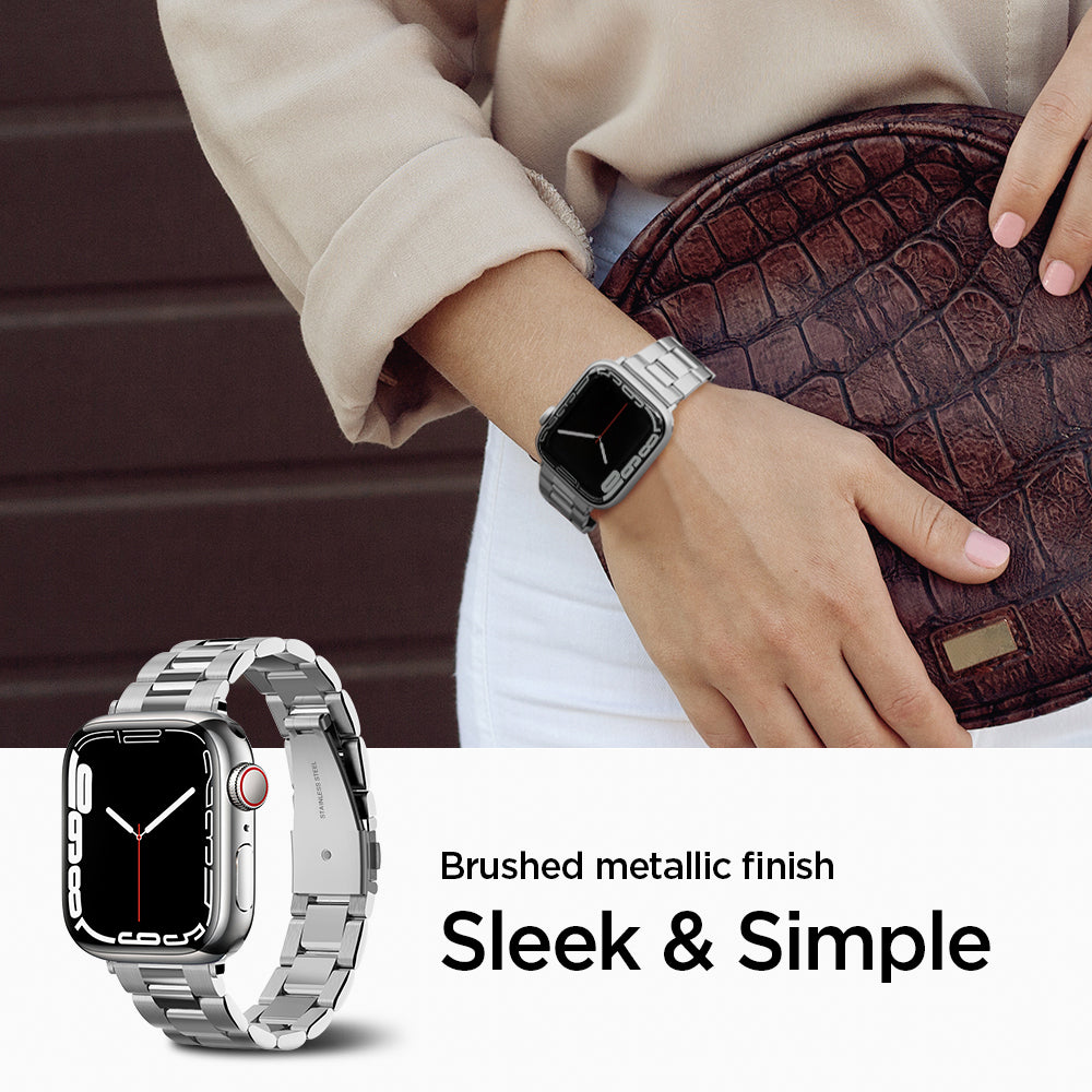 061MP25943 - Apple Watch Series 11/10 42mm, 9/8/7 41mm, SE3/SE2/SE/6/5/4 40mm, 3/2/1 38mm Modern Fit Silver showing matte metallic finish. sleek and simple