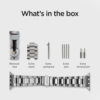 061MP25943 - Apple Watch Series 11/10 42mm, 9/8/7 41mm, SE3/SE2/SE/6/5/4 40mm, 3/2/1 38mm Modern Fit Silver showing what's in the box. Removal tool. extra band, extra spring bar, extra pins, extra removal pin
