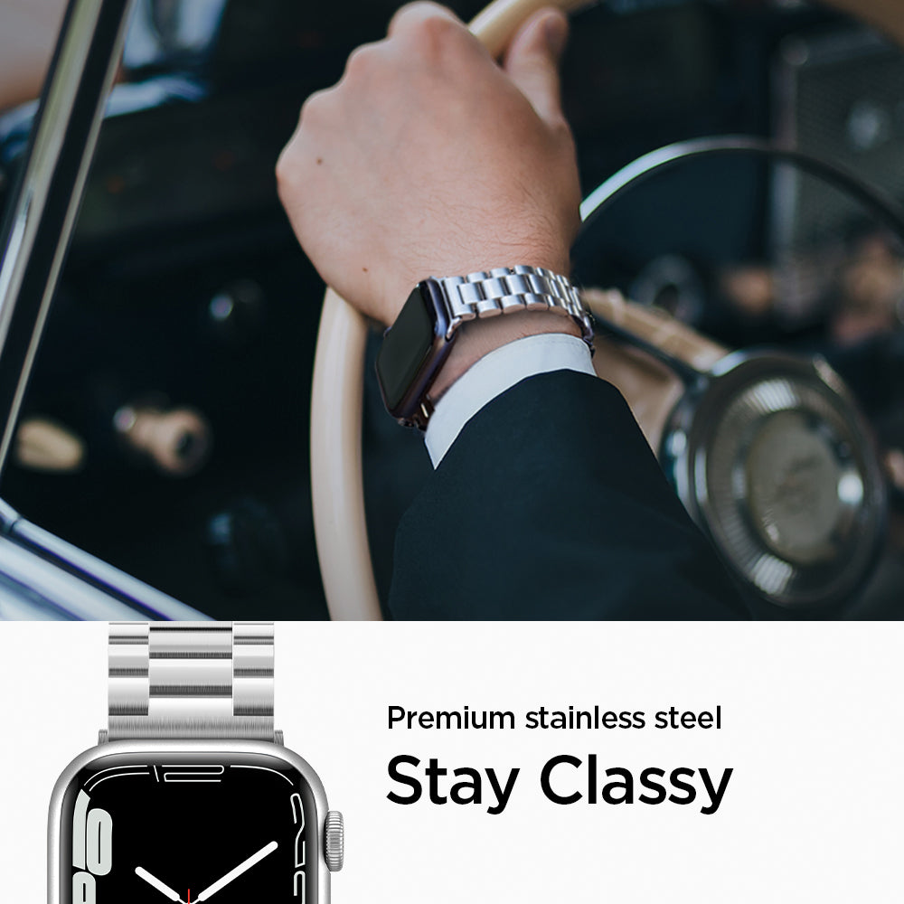062MP25404 - Apple Watch Ultra 3/2/Ultra 49mm, Series 11/10 46mm, 9/8/7 45mm, SE3/SE2/SE/6/5/4 44mm, 3/2/1 42mm Modern Fit Silver showing premium stainless steel. stay classy