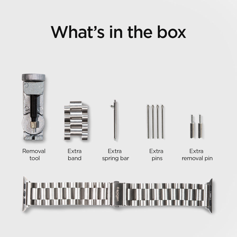 062MP25404 - Apple Watch Ultra 3/2/Ultra 49mm, Series 11/10 46mm, 9/8/7 45mm, SE3/SE2/SE/6/5/4 44mm, 3/2/1 42mm Modern Fit Silver showing what's in the box. Removal tool. extra band, extra spring bar, extra pins, extra removal pin
