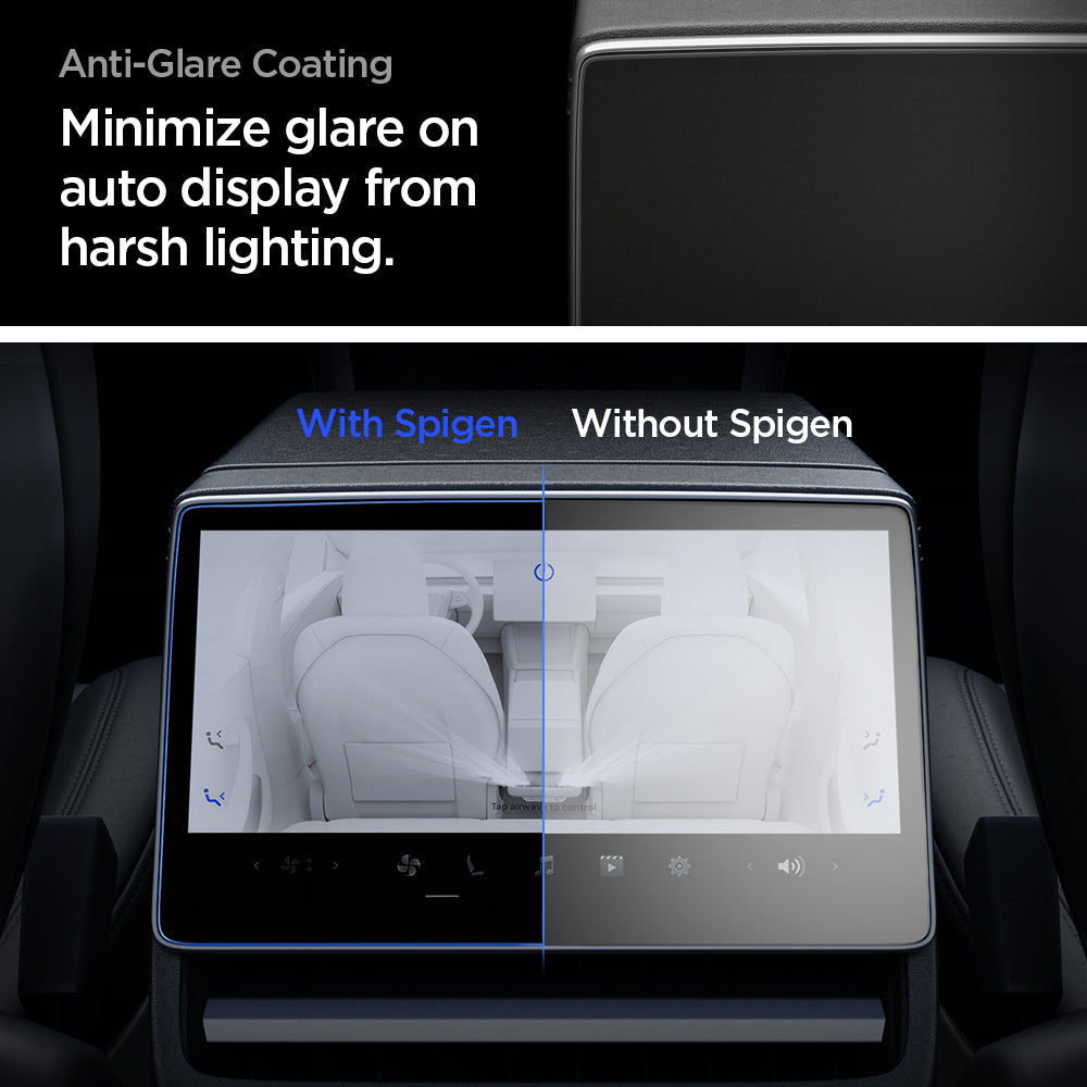 AGL07586 - Model 3 (2024-2025) Highland Screen Protector Glas.tR SLIM | Anti-Glare (Rear) in Clear showing the anti-glare coating. Minimize glare on auto display from harsh lighting