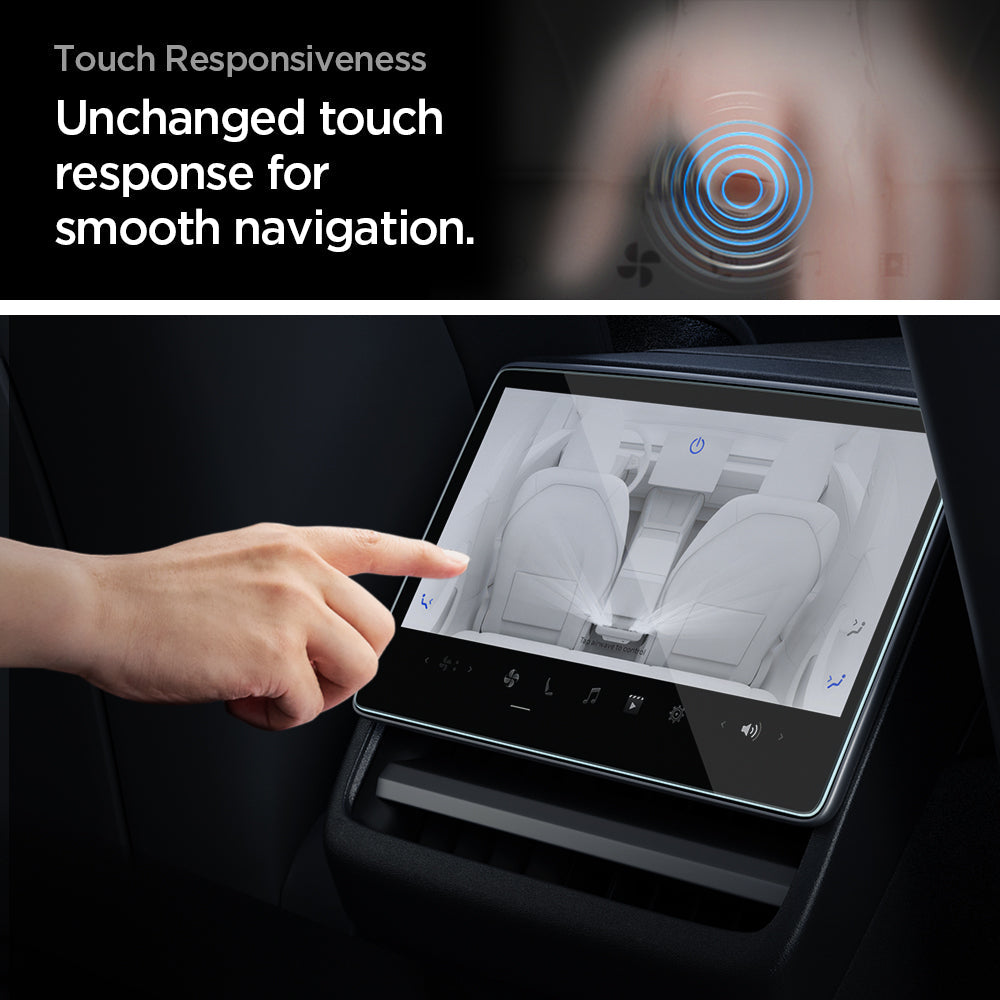 AGL07586 - Model 3 (2024-2025) Highland Screen Protector Glas.tR SLIM | Anti-Glare (Rear) in Clear showing the touch responsiveness. Unchanged touch response for smooth navigation