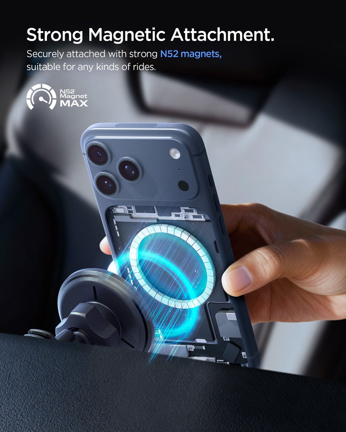 ACP10513 - Spigen Essential Qi2 Wireless Car Charger showing strong magnetic attachment with N52 magnets and phone alignment