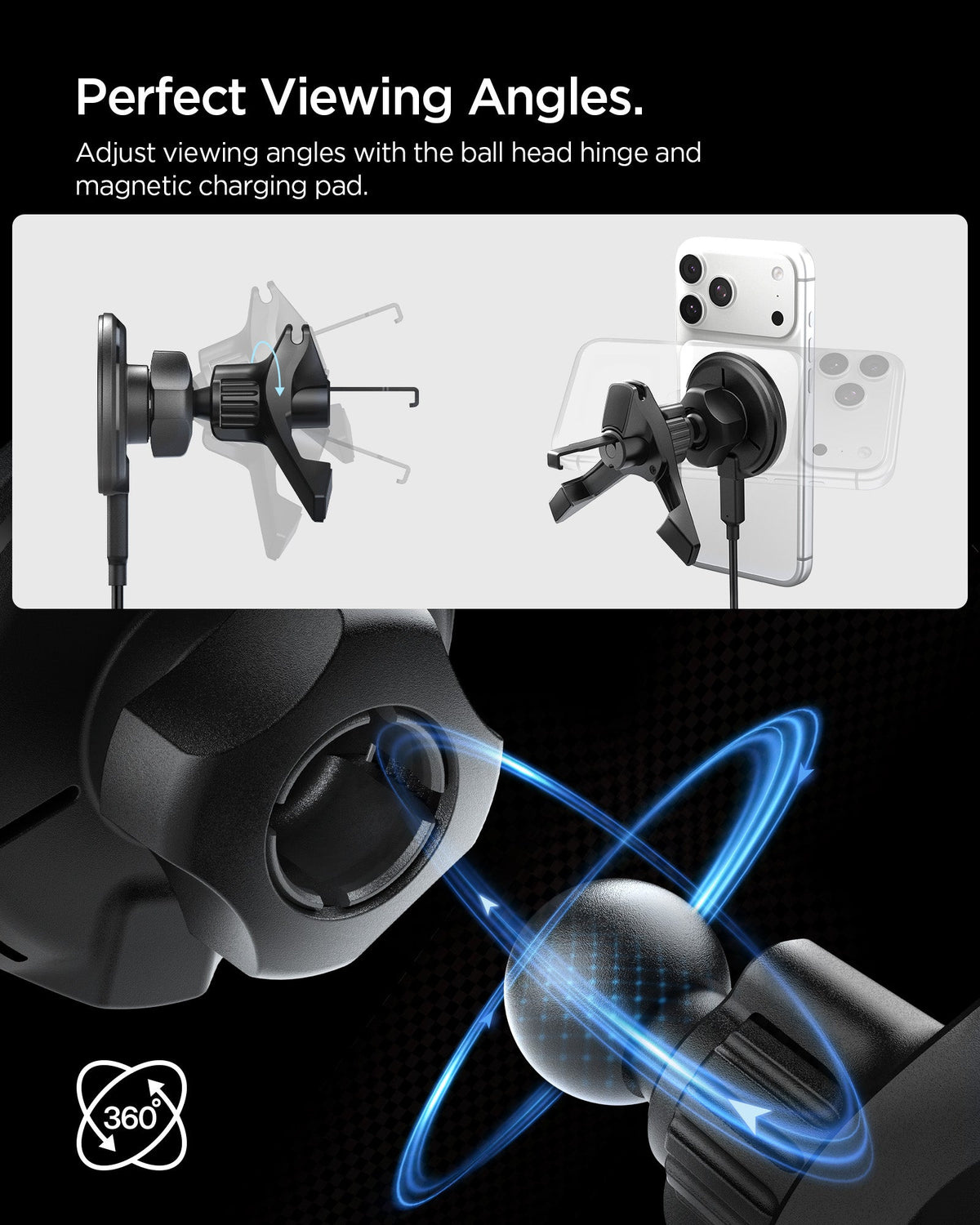 ACP10513 - Spigen Essential Qi2 Wireless Car Charger showing adjustable viewing angles with ball joint and magnetic charging pad