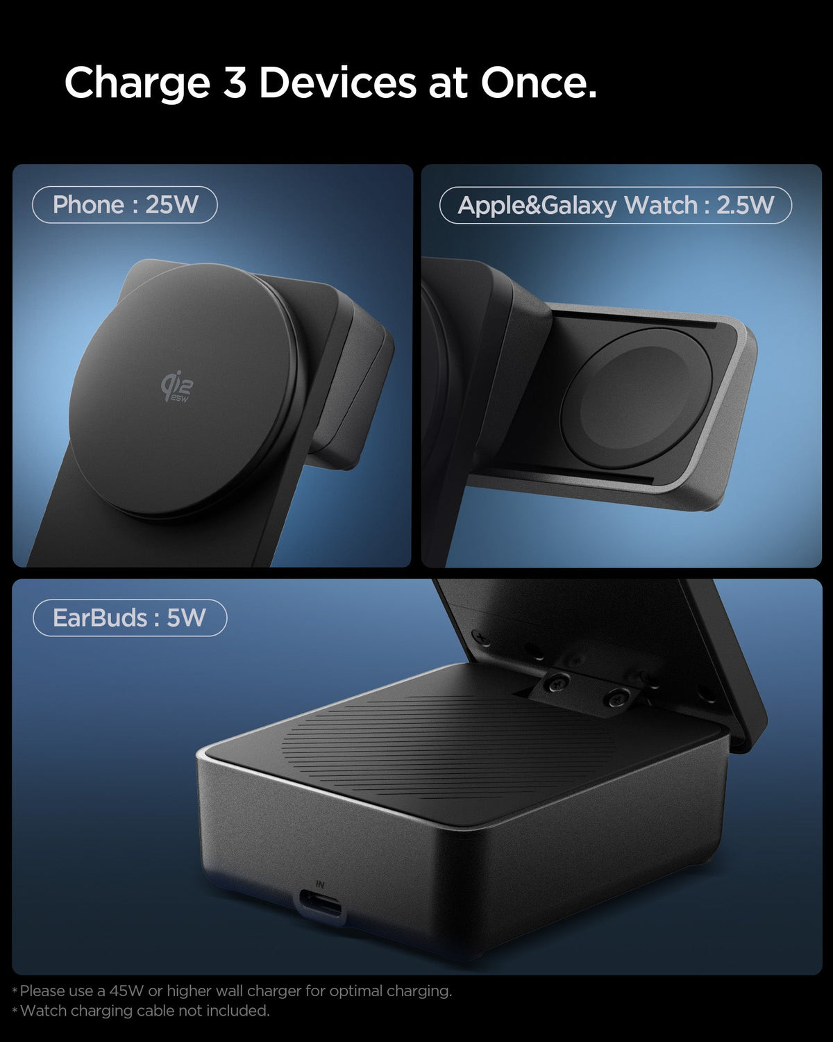 ACH10398 - Spigen 3-in-1 Fast Wireless Charger showing dedicated charging areas for phone watch and earbuds