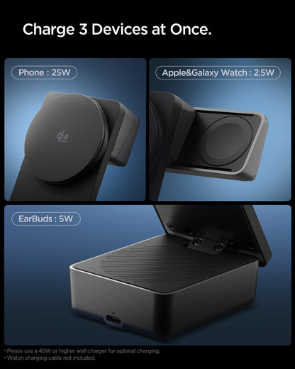 ACH10398 - Spigen 3-in-1 Fast Wireless Charger showing dedicated charging areas for phone watch and earbuds