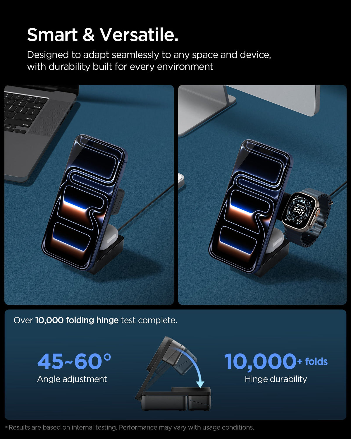 ACH10398 - Spigen 3-in-1 Fast Wireless Charger showing adjustable stand charging phone on desk