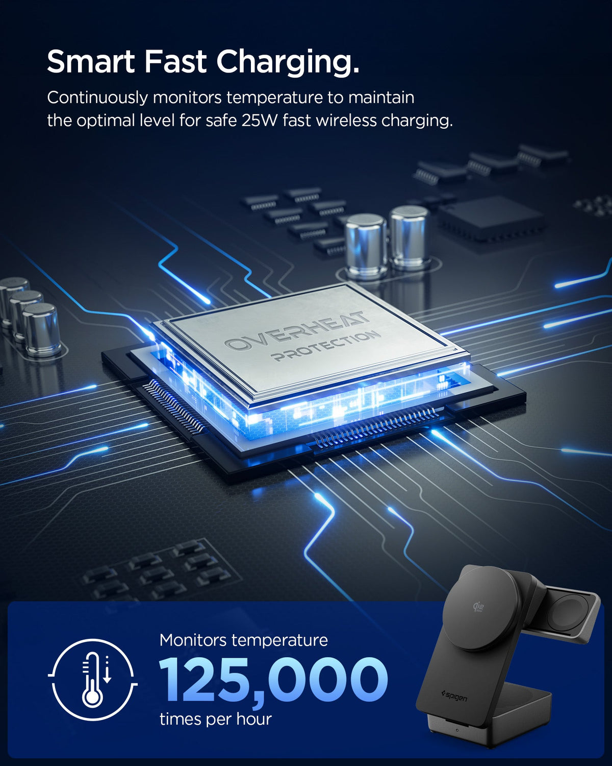 ACH10398 - Spigen 3-in-1 Fast Wireless Charger showing smart fast charging with internal temperature monitoring
